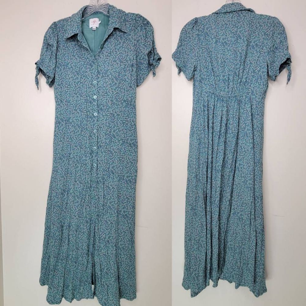 The Nines by Hatch Dress Small Green Floral Button Front Short Sleeve Collard